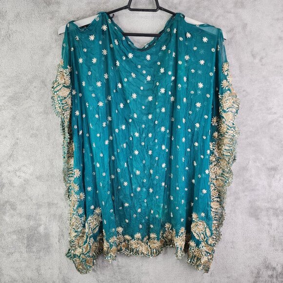 Handcrafted Teal & Gold Embroidered Sheer Shawl With Floral Motifs - Picture 2 of 9